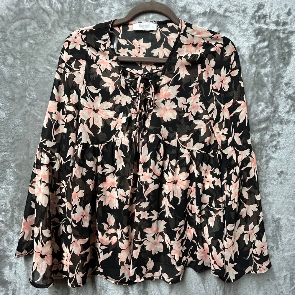 Peach Love California Floral Sheer Blouse Bell Sleeve Tie Neck Top - Medium